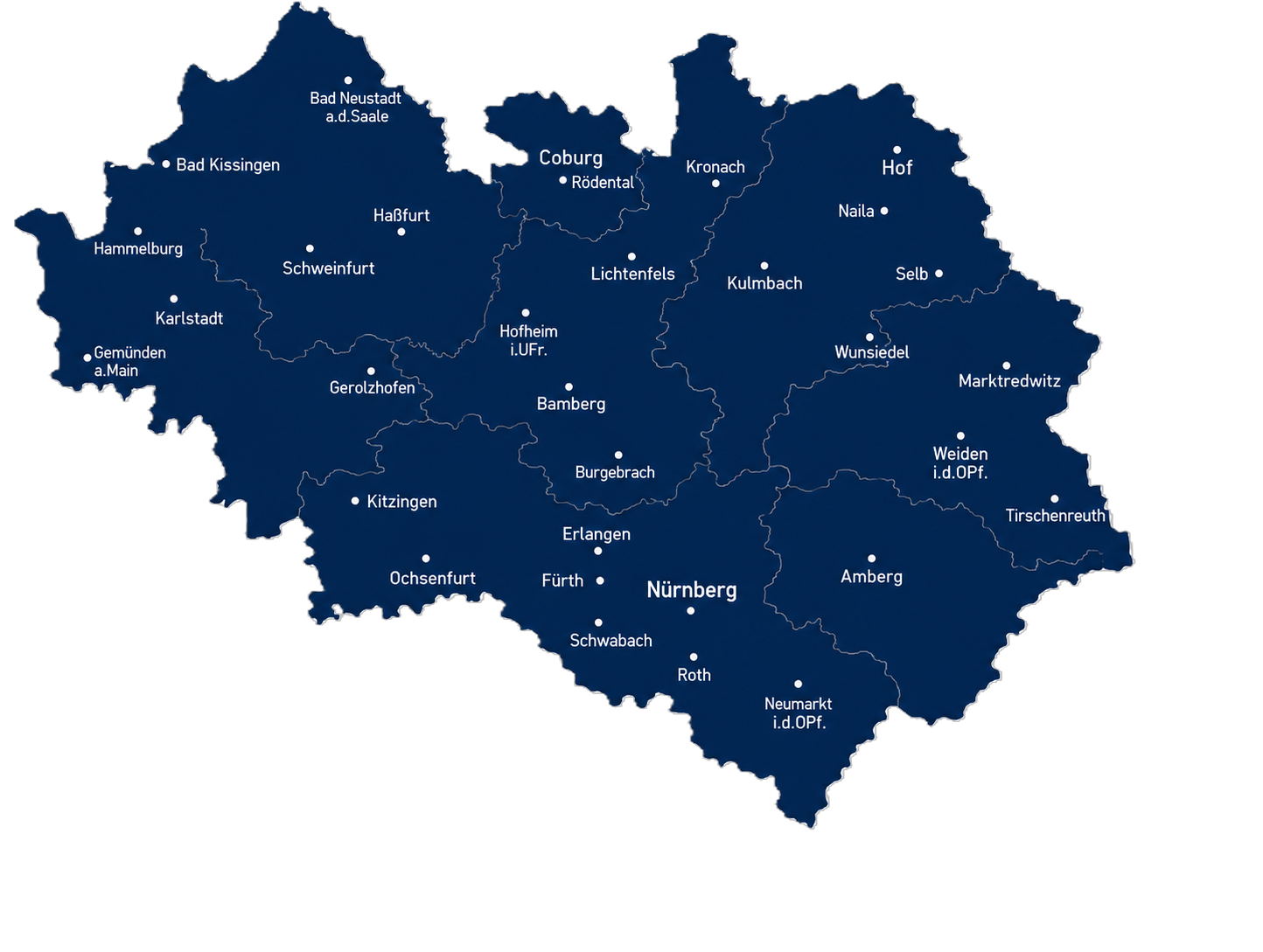 Karte Nordbayern mit Bayreuth, Bamberg, Erlangen, Hof, Forchheim, Kronach und Nürnberg als Einsatzgebiet